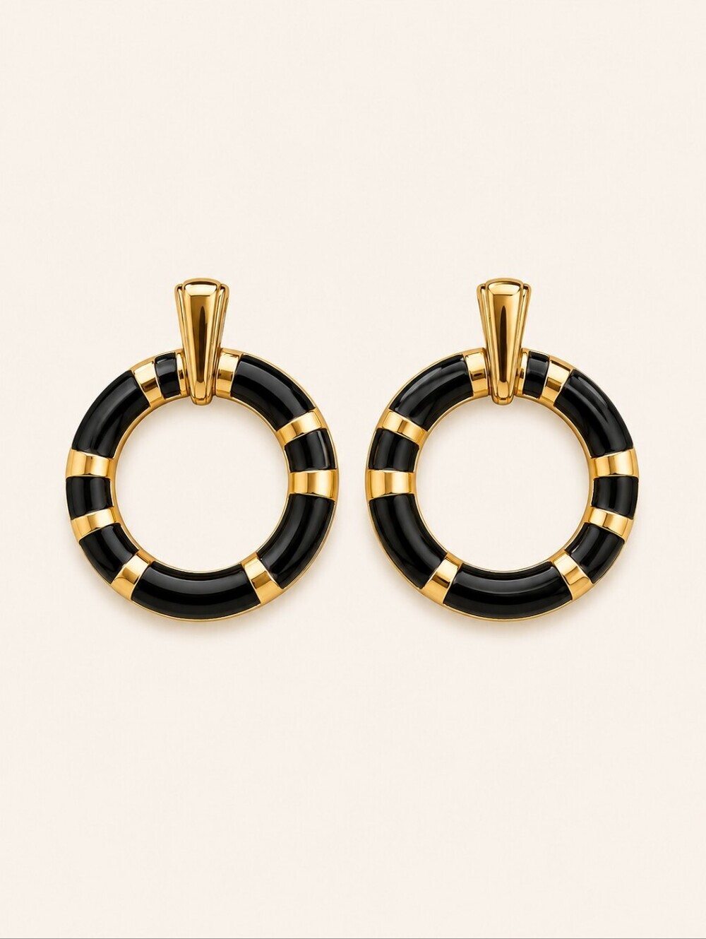 Vtg TRIFARI Black Enamel Hoop Doorknocker Post Earrings